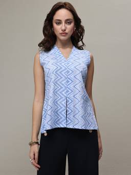 Libas - Blue Chevron Printed Panelled Front Slit Top