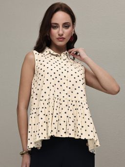 Libas - Beige Polka Dot Printed Panelled Shirt