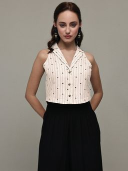 Libas - Beige Stripes Design Panelled Vest