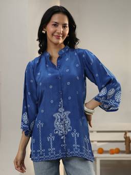 Libas - Blue Ethnic Motif Printed Panelled Shirt