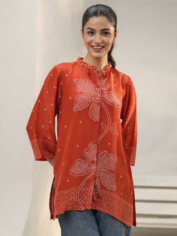 Libas - Orange Bandhani Printed Panelled Shirt