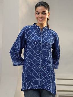 Libas - Blue Bandhani Printed Crepe Loose Fit Shirt