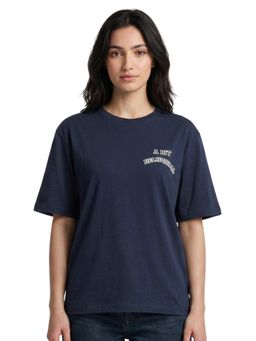 Bonjour - Women's Round Neck Navy Blue Printed T-Shirt