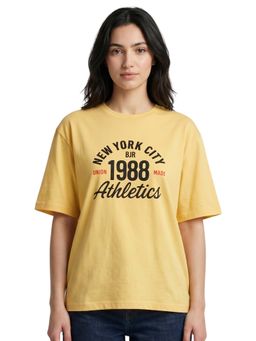 Bonjour - Women's Round Neck Yellow Printed T-Shirt