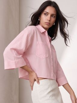 Outzidr - Pink Front Buttoned Striped Shirt