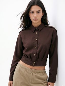 Outzidr - Brown Pleated Detail Buttoned Shirt