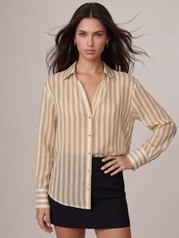 Outzidr - Beige Semi Sheer Striped Shirt