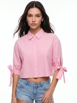 Outzidr - Pink Sleeve Tie-Up Buttoned Shirt