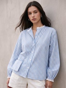 Outzidr - Blue Relaxed Fit Check Blouse With Bag