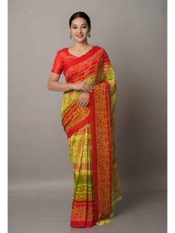 Unnati Silks - Green Red Fancy Block Printed Georgette Saree with Unstitched Blouse