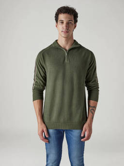 Levi's - Olive Solid Cotton Regular Fit Sweater