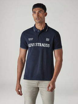 Levi's - Navy Blue Typography Cotton Regular Fit Polo T-Shirt