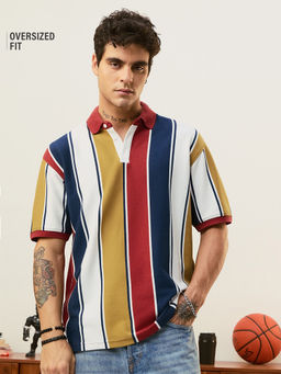The Souled Store - White Stripes Cotton Blend Oversized Fit Polo T-Shirt