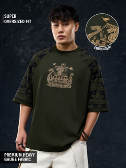 The Souled Store - Olive Printed Pure Cotton Oversized Fit T-Shirt