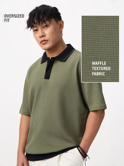 The Souled Store - Olive Textured Cotton Blend Oversized Fit Polo T-Shirt