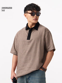 The Souled Store - Beige Checks Pure Cotton Oversized Fit Polo T-Shirt