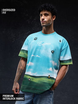The Souled Store - Aqua Printed Polyester Blend Oversized Fit T-Shirt