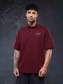 The Souled Store - Maroon Printed Pure Cotton Oversized Fit Polo T-Shirt