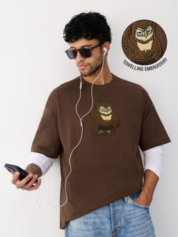 The Souled Store - Brown Embroidered Pure Cotton Oversized Fit T-Shirt