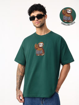 The Souled Store - Green Embroidered Pure Cotton Oversized Fit T-Shirt