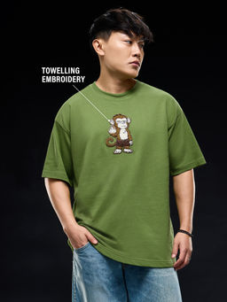 The Souled Store - Olive Embroidered Pure Cotton Oversized Fit T-Shirt