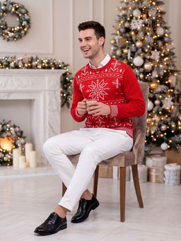 Style Quotient - Red Woven Cotton Regular Fit Sweater