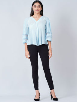 First Resort by Ramola Bachchan - Light Blue Bell Sleeve Top