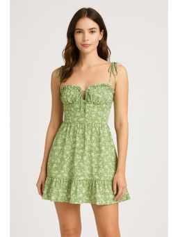 Cider - Green Santorini Beach Vacation Ditsy Floral Tie Shoulder Mini Dress