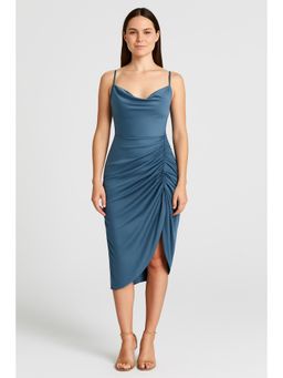 Cider - Teal Illusion Solid Ruched Cowl Neck Midi Dress