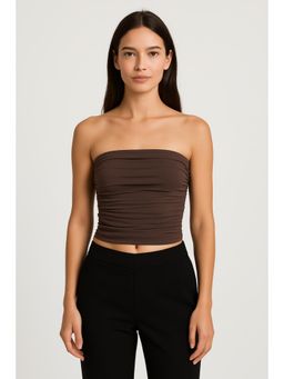 Cider - Brown Strapless Ruched Crop Top