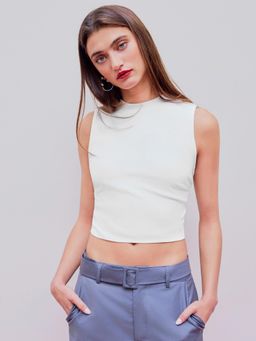 Cider - White Round Neckline Solid Sleeveless Ruched Crop Top