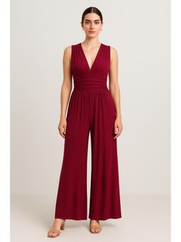Cider - Maroon V-Neck Ruched Solid Wide Leg Jumpsuit