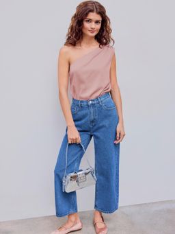 Cider - Pink Satin Asymmetrical Neck Solid Bodysuit