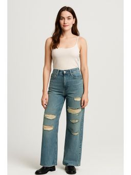 Cider - Blue High Waist Ripped Straight Leg Jeans