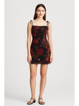 Cider - Black Square Neck Floral Ruched Mini Dress