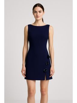 Cider - Blue Boat Neck Floral Split Mini Dress