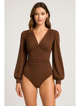 Cider - Brown Jersey V Neck Solid Ruched Bodysuit