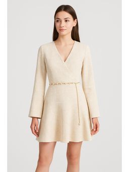 Cider - Beige Tweed V-Neck Textured Faux Pearl Belted Mini Dress (Set of 2)