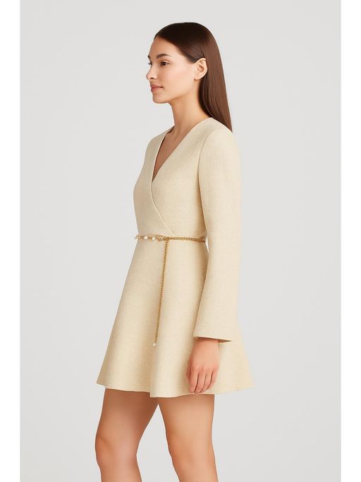 Buy Cider Beige Tweed V-Neck Textured Faux Pearl Belted Mini Dress (Set of  2) (S) Online