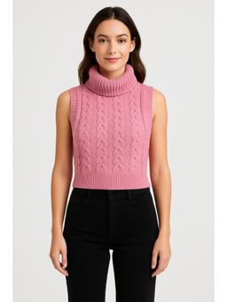 Cider - Pink High Neck Textured Cable Knit Crop Vest Top