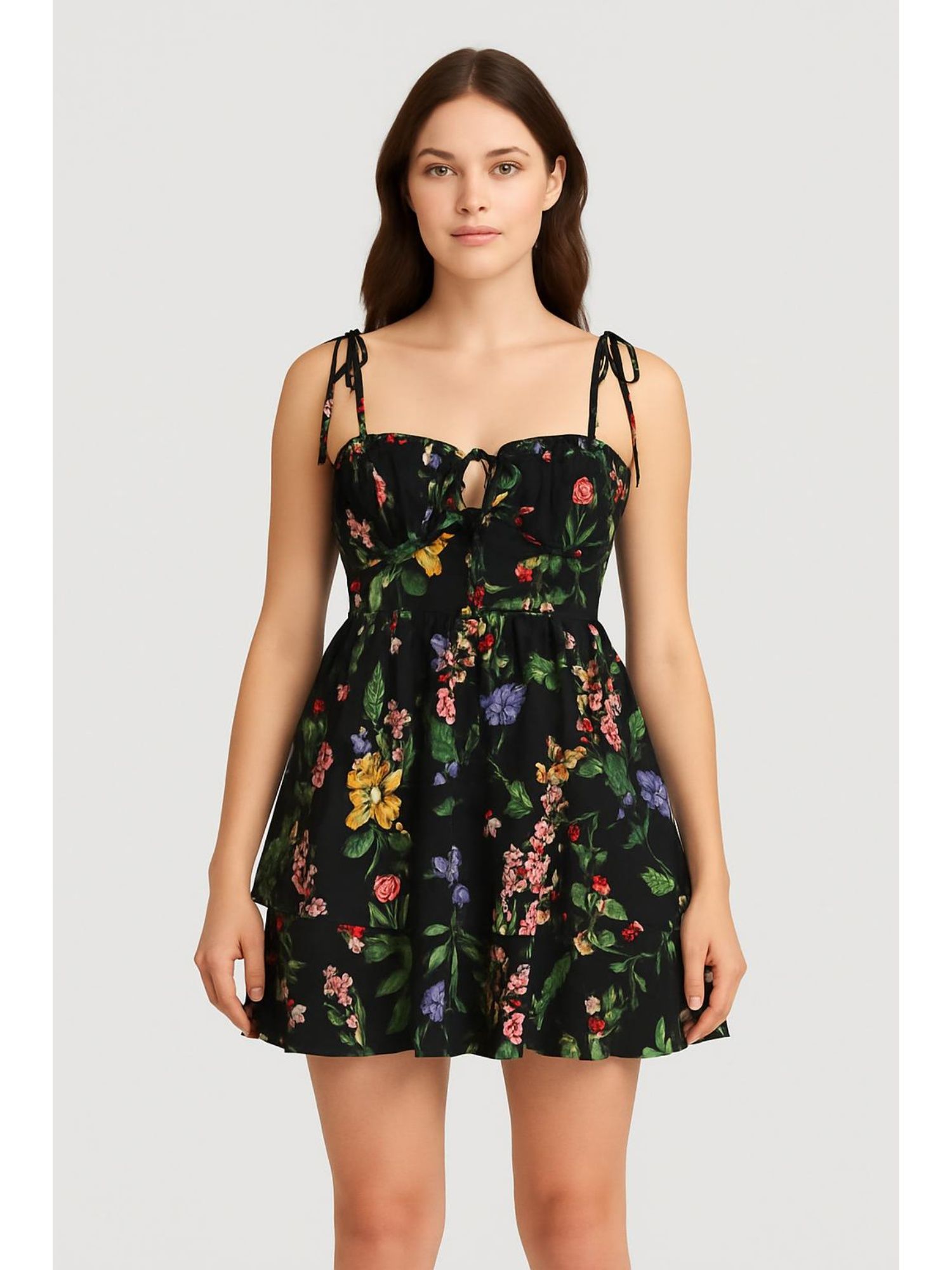 cider Curve & Plus Black Woven Floral Ruffle Hem Knotted Layered Mini Dress-picture-29