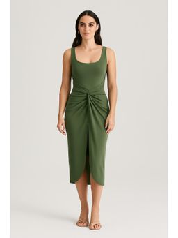 Cider - Green Square Neck Solid Twist Knotted Midi Dress