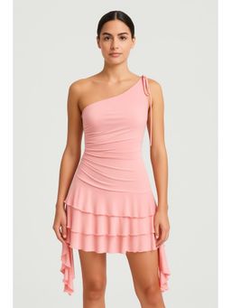 Cider - Pink Mesh Asymmetrical Neck Solid Layered Ruffle Hem Mini Dress