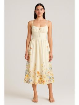 Cider - Beige Shoulder Strap Neck Floral Shirred Midi Dress