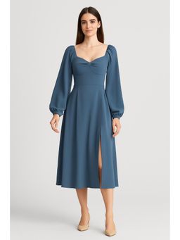 Cider - Solid Ruched Long Sleeve Split Midi Dress
