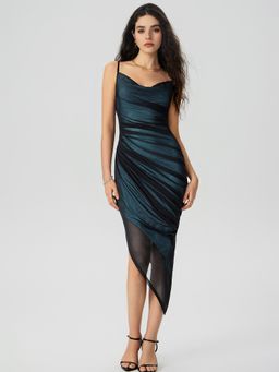 Cider - Mesh Cowl Neck Ruched Maxi Dress