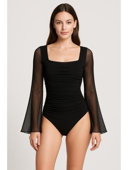 Cider - Solid Mesh Bell Sleeve Ruched Bodysuit