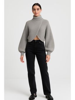 Cider - High Neck Solid Knitted Long Sleeve Crop Sweater