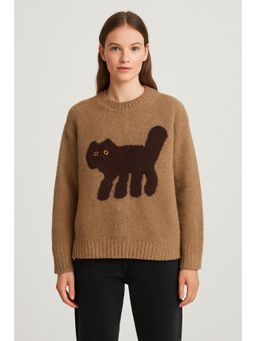 Cider - Wool-Blend Round Neckline Cat Knitted Long Sleeve Sweater
