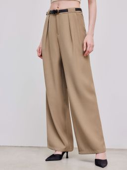 Cider - Mid Rise Solid Pocket Straight Leg Trousers with Belt
